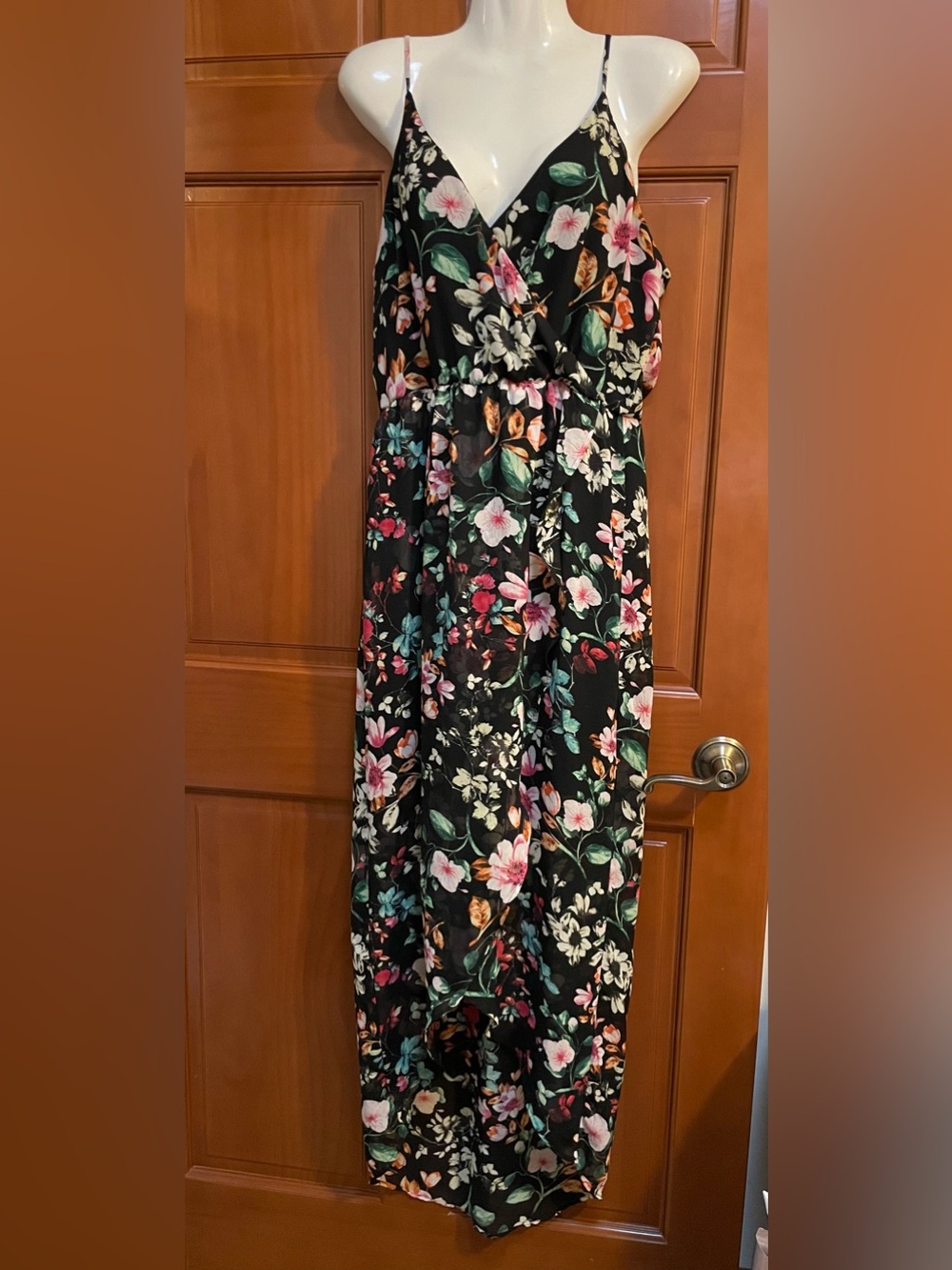 Lush Black Floral Maxi Dress with Pink & Green Accents